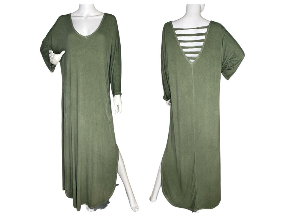 Maxi Shift Dress Jersey Cutout Back Long Slv Pockets Fairy Grunge Sage Green XL